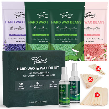 Picture of Vennco Hard Wax Beads Kit for Hair Removal, 36 Pieces Wax Beads for Full Body, Face, and Brazilian Bikini, Aloe, Lavender, Cherry Blossom - Includes Pre and Post Wax Oils