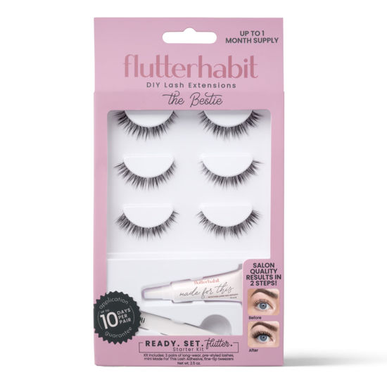 Picture of FlutterHabit Bestie Ready Set Starter Kit, DIY Eyelash Extensions, Lash Clusters for Women, Professional Quality At Home Eyelash Extension Kit, Natural False Lashes, 3 Lash Sets, Lash Glue Included