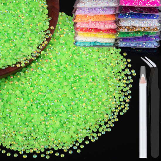 Picture of BELLEBOOST 5000pcs 2mm Resin Rhinestones Bulk, Fluorescent Green AB Flatback Round Jelly Rhinestones Non Hotfix Crystal Gems Large Quantity Wholesale for DIY Crafts Clothes Face Makeup Manicure