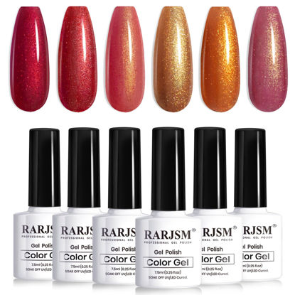 Picture of RARJSM Nude Gold Glitter Gel Nail Polish Set 6pcs Jelly Shimmery Sheer Lavender Wine Red Gold Brown Orange Fall Nail Gel Polish Sparkly Translucent Natural Skin Tone Color 7.5ml Soak off UV LED Cured