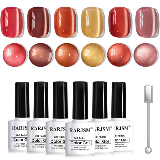 Picture of RARJSM Amber Ceramic Cat Eye Gel Nail Polish Set 6 Pcs Metallic Brown Dark Burgundy Orange Cooper Red Gray Mauve Velvet Silver Glitter Cateye Gel Polish with Magnetic Stick UV LED Curing Require Fall