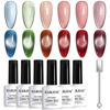 Picture of RARJSM Ceramic Cat Eye Gel Nail Polish Set 6 Pcs Smoothie Silver Glitter Shimmer Amber Jelly Sheer Green Blue Orange Wine Red Velvet Cateye Gel Polish with Magnetic Stick UV LED Curing Require Winter