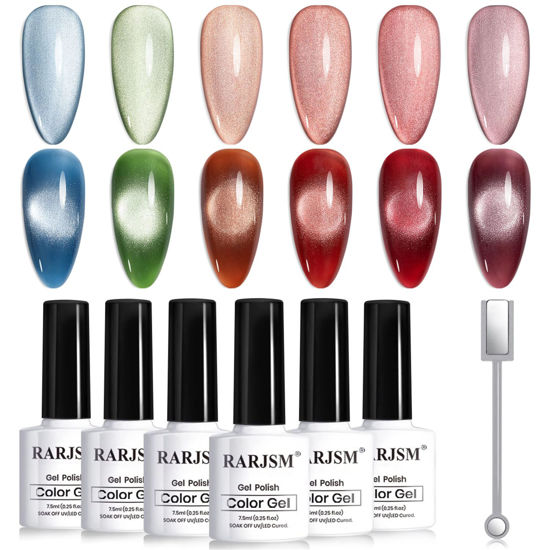 Picture of RARJSM Ceramic Cat Eye Gel Nail Polish Set 6 Pcs Smoothie Silver Glitter Shimmer Amber Jelly Sheer Green Blue Orange Wine Red Velvet Cateye Gel Polish with Magnetic Stick UV LED Curing Require Winter