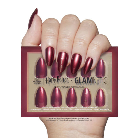 Picture of Harry Potter™ x Glamnetic Press On Nails - Gryffindor™ | Scarlet Red Lightning Graphic Short Almond False Nails, Reusable Stick On Fake Nails with Glue | Salon Quality | 15 Sizes - 30 Nail Kit