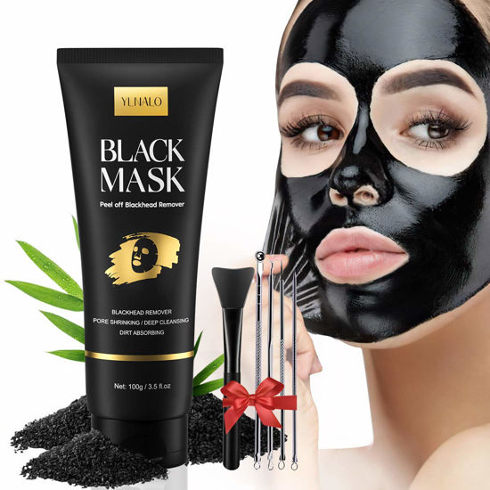 Picture of YLNALO Blackhead Remover Mask Kit, Charcoal Peel Off Facial Mask with Brush and Pimple Extractors, Deep Cleansing for Face Nose Blackhead Pores Acne, For All Skin Types (3.5 Fl.oz)