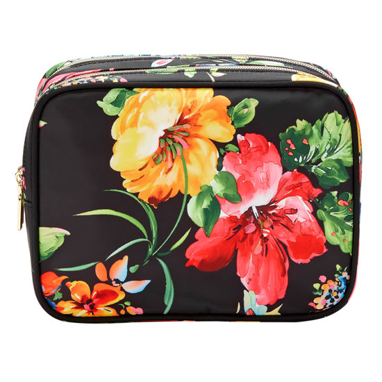 Picture of Conair Double Zip Toiletry Travel Bag-Makeup Organizer, Black Floral, 1 Count (Pack of 1)