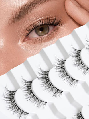 Picture of Wispy Lashes False Eyelashes Natural Cat Eye Lashes 12mm Strip Lashes withThin Band Siliglli Cat Eyelashes 3D Volume False Lashes C Curl Eyelashes Pack 7 Pair