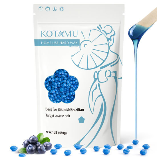 Picture of KOTAMU Blue Hard Wax Beads for Sensitive Skin - 1lb Coarse Hair Formula Wax Melts for Brazilian, Armpit, Back, Body, Bikini Hair Removal at Home or Salon (For Women and Men)