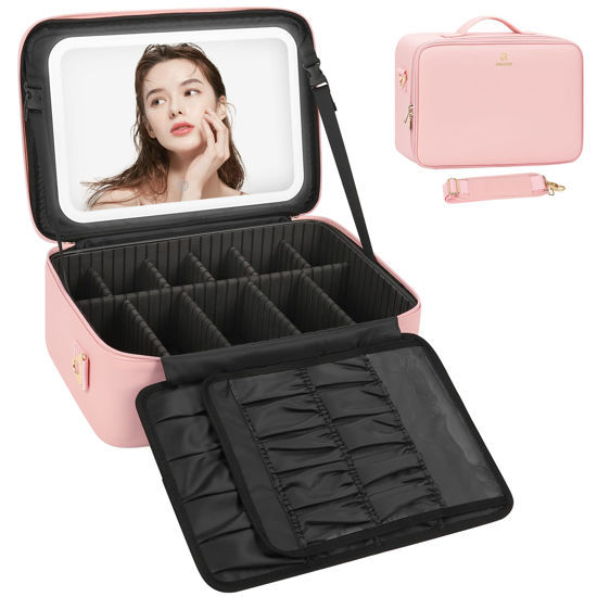 Picture of Relavel Makeup Bag with LED Mirror, 16.2 inches Large Professional Makeup Case for Makeup Artists, Travel Portable Cosmetic Organizer Storage Box, Vanity Case with 3 Colors Lighted Mirror, Pink
