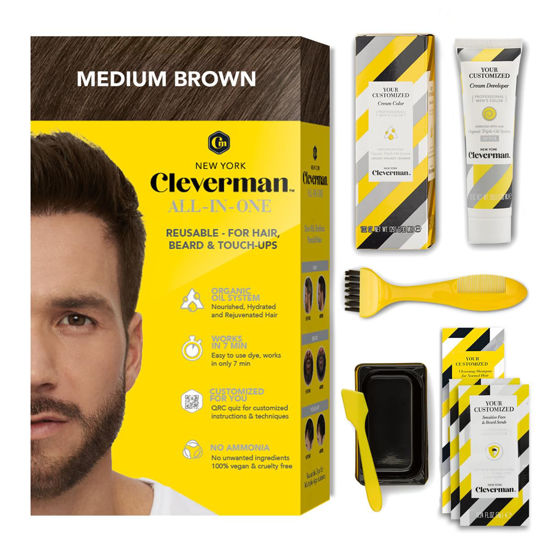 Picture of Cleverman Medium Brown Hair & Beard Dye for Men, All-in-One Reusable Kit - Mens Color For Natural-Looking Gray Coverage, Professional-Quality and Ammonia-Free for Hair, Beard & Gray Mustache