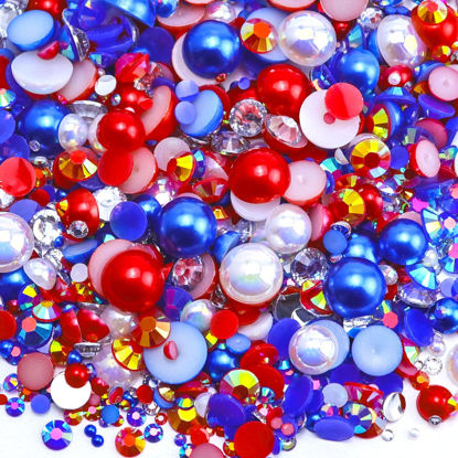 Picture of Briskbloom 60g Mix Flatback Pearls and Flatback Rhinestones for Crafts, 2mm-10mm Pearl Rhinestones for Nails Face Art Tumblers, Jelly Rhinestones and Half Pearls, with Tweezers Wax Pen, White|Red|Blue
