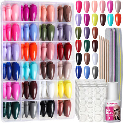 Picture of FANDAMEI Press on Nails Almond, 24 Colors 576PCS Press on Nails Medium Almond, Acrylic Medium Fake Nails Full Cover, Natural Press on Nails Glossy, False Nails with Nail Glue