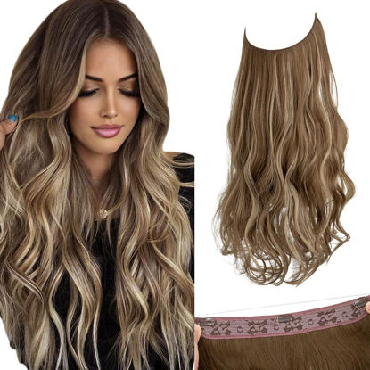 Picture of SARLA Invisible Wire Hair Extensions with 3 Clips Synthetic Wavy Curly Hairpiece Adjustable Transparent Headband for Women 16 Inch Ash Medium Brown/Ash Blonde Highlights