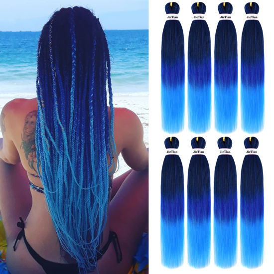 Picture of Liang Dian Pre Stretched Braiding Hair Ombre 36 Inch 8 Packs Synthetic Crochet Braids Hot Water Setting Professional Soft Yaki Texture Synthetic Hair Extensions(36 Inch 1B/omber Blue)