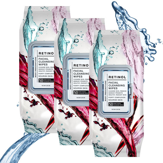 Picture of Body Prescription Makeup Cleansing Wipes - Gentle and Effective Face Wipes, 50 Count (Pack of 3), Retinol