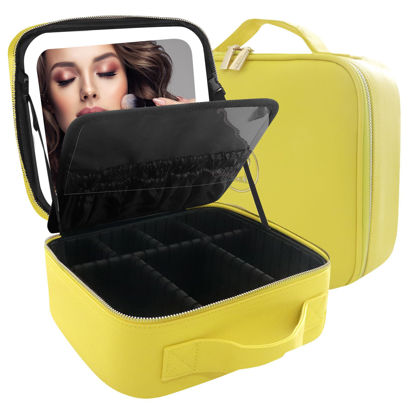 Picture of MOMIRA Makeup Bag with Mirror and Light Travel Makeup Train Case Cosmetic Bag Organizer Portable Artist Storage Bag with Adjustable Dividers Makeup Brushes Storage Organizer Yellow