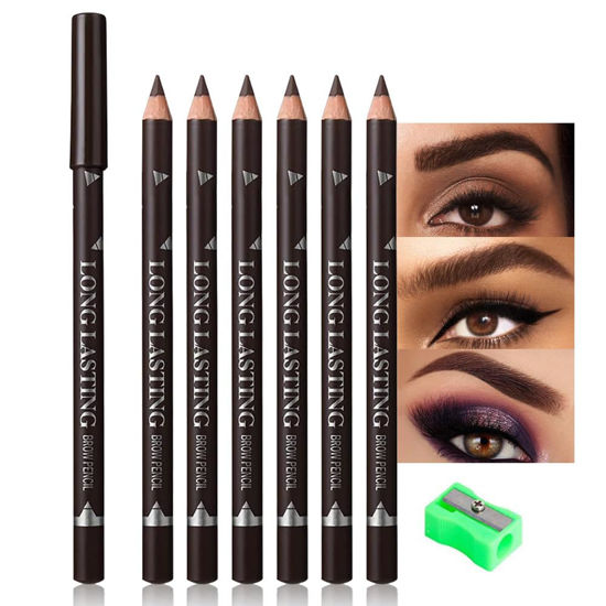 Picture of 6Pcs brow pencil, wooden hard-core eyebrow pencils, eyebrow pencil dark brown, eyebrow and eyeliner pencils, waterproof and sweat-proof, beginner makeup eyebrow pencil, dark brown eyeliner pencils