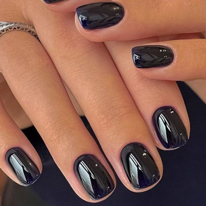 Picture of GLAMERMAID Extra Short Press on Nails, Pure Black Fake Nails Short Squoval, Natural Round Square Glue on Nails Glossy Gel, Acrylic Dark False Nail Kits for Women, Reusable Stick on Full Cover Nails