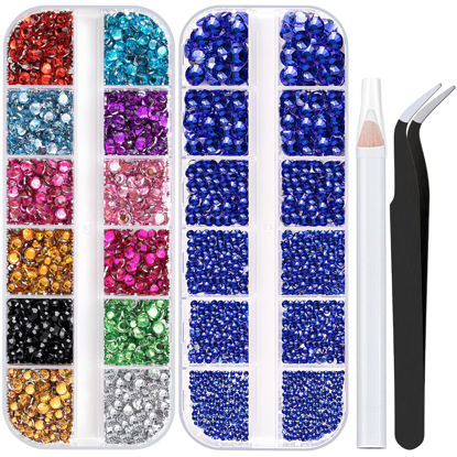 Picture of Two Packs of Flatback Rhinestones 4520 Pcs Colorful Nail Art Rhinestones Flatback Crystal Colorful+Royal Blue Rhinestone with Picker Pencil and Tweezer For Nail Art and Decoration