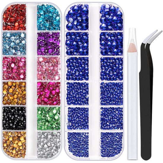 Picture of Two Packs of Flatback Rhinestones 4520 Pcs Colorful Nail Art Rhinestones Flatback Crystal Colorful+Royal Blue Rhinestone with Picker Pencil and Tweezer For Nail Art and Decoration