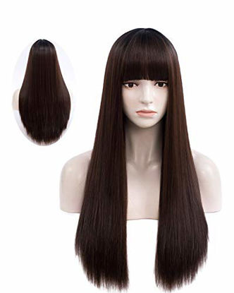 Picture of netgo Women's Long Straight Wigs With Bangs, 27 inch Heat Resistant Synthetic Cosplay Party Halloween Costume Wigs with Rose Net (Brown Ombre)