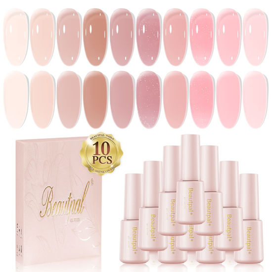 Picture of Larvall Beautpal Jelly Gel Nail Polish Set Nude Gel Polish Kit Milky Nude Sheer Pink Soak Off UV Translucent Nail Polish Gel 10PCS 7ml