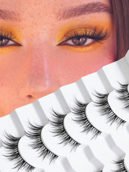 Picture of Manga Lashes Wispy False Eyelashes Natural Look 14mm Cat Eyelashes Anime Lashes 0.1mm Thin Band Manhua Lashes 3D Volume Strip Lashes Pack C Curl Eyelashes 7 Pair Siligli