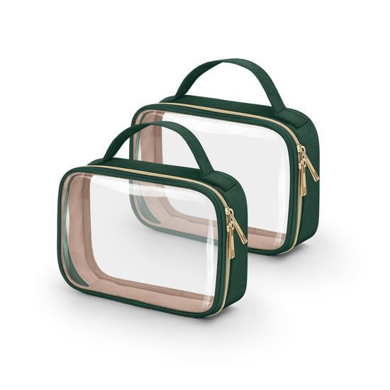 Picture of Wedama TSA Approved Toiletry Bag, 2 Pack Clear Makeup Bags with Handles, Quart Size Clear Toiletry Bags, PVC Cosmetic Bags for Women and Men, Carry on Airport Airline Compliant Bag, Dark Green