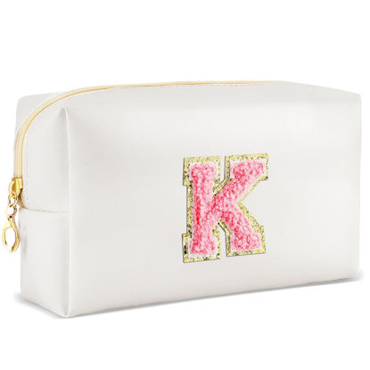 Picture of URSKYTOUS Initial Makeup Bag Personalized Preppy Travel Small Cosmetic Bag Cute PU White Chenille Letter Makeup Pouch for Purse Waterproof Zippered Toiletry Organizer for Women Girls Kids Friends (K)