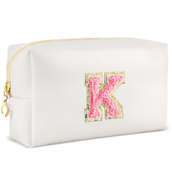 Picture of URSKYTOUS Initial Makeup Bag Personalized Preppy Travel Small Cosmetic Bag Cute PU White Chenille Letter Makeup Pouch for Purse Waterproof Zippered Toiletry Organizer for Women Girls Kids Friends (K)
