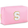 Picture of URSKYTOUS Patch Makeup Bag Travel Small Cosmetic Bag Pink PU Makeup Pouch Zippered Personalized Preppy Initial Skin Care Stuff Bag for Women Birthday Gift Teen Girl Gifts Trendy Stuff(S)