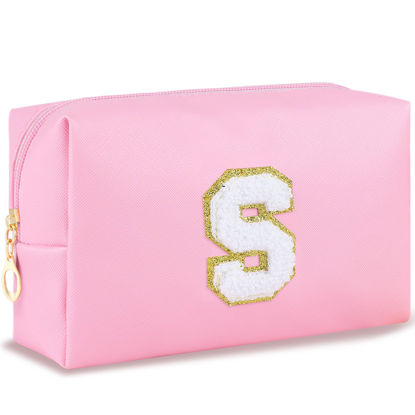 Picture of URSKYTOUS Patch Makeup Bag Travel Small Cosmetic Bag Pink PU Makeup Pouch Zippered Personalized Preppy Initial Skin Care Stuff Bag for Women Birthday Gift Teen Girl Gifts Trendy Stuff(S)