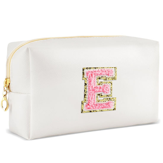 Picture of URSKYTOUS Initial Makeup Bag Personalized Preppy Travel Small Cosmetic Bag Cute PU White Chenille Letter Makeup Pouch for Purse Waterproof Zippered Toiletry Organizer for Women Girls Kids Friends (E)