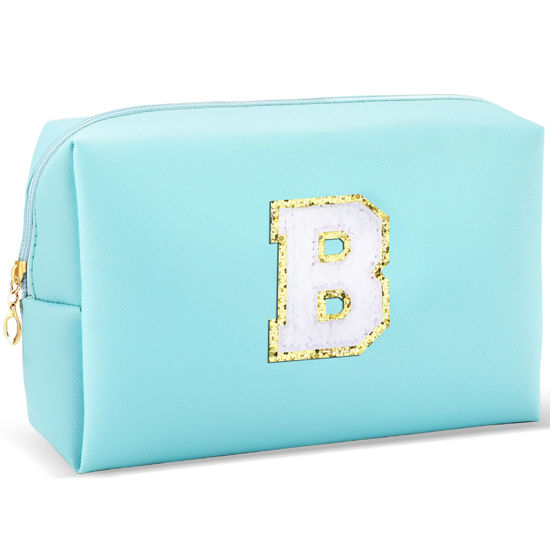 Picture of URSKYTOUS Gifts for Girls Initial Makeup Bag Personalized Cosmetic Bag with Zipper Cute Travel Toiletry Bag Waterproof PU Preppy Makeup Pouch Birthday Gift for Teen Girls Women(Blue B)