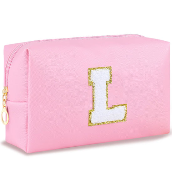 Picture of URSKYTOUS Initial Makeup Bag for Women Travel Small PU Leather Cosmetic Bag Cute Pink Personalized Preppy Chenille Letter Makeup Pouch for Purse Zippered Toiletry Organizer Makeup Case Ideal Gift（L）