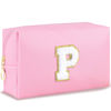 Picture of URSKYTOUS Initial Makeup Bag Personalized Preppy Travel Small Cosmetic Bag Cute PU Pink Chenille Letter Makeup Pouch for Purse Waterproof Zippered Toiletry Organizer for Women Girls Kids Friends (P)