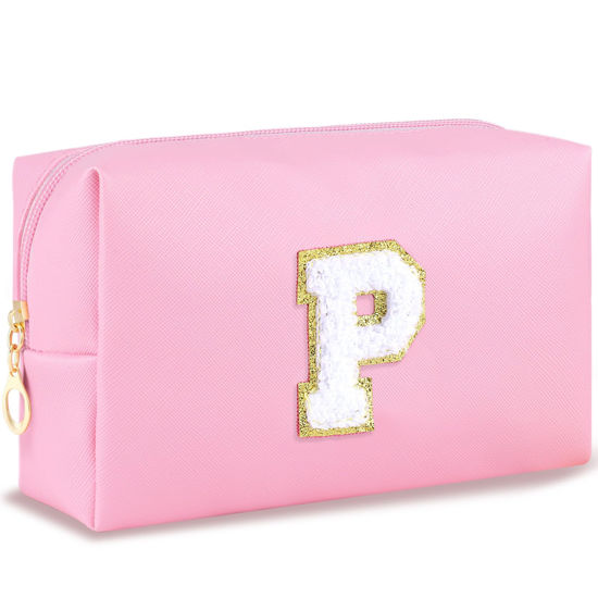 Picture of URSKYTOUS Initial Makeup Bag Personalized Preppy Travel Small Cosmetic Bag Cute PU Pink Chenille Letter Makeup Pouch for Purse Waterproof Zippered Toiletry Organizer for Women Girls Kids Friends (P)