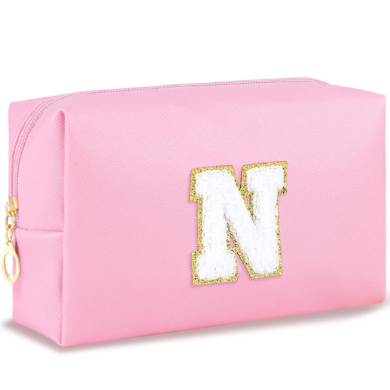 Picture of URSKYTOUS Initial Makeup Bag Personalized Preppy Travel Small Cosmetic Bag Cute PU Pink Chenille Letter Makeup Pouch for Purse Waterproof Zippered Toiletry Organizer for Women Girls Kids Friends (N)
