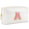 Picture of URSKYTOUS Initial Makeup Bag Personalized Preppy Travel Small Cosmetic Bag Cute PU White Chenille Letter Makeup Pouch for Purse Waterproof Zippered Toiletry Organizer for Women Girls Kids Friends (A)