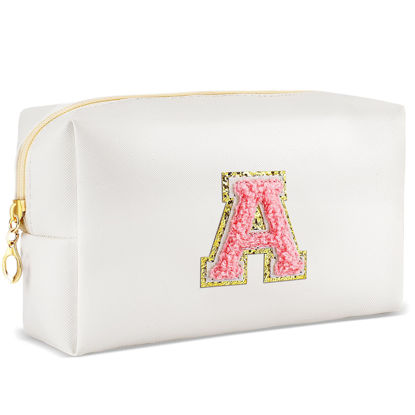 Picture of URSKYTOUS Initial Makeup Bag Personalized Preppy Travel Small Cosmetic Bag Cute PU White Chenille Letter Makeup Pouch for Purse Waterproof Zippered Toiletry Organizer for Women Girls Kids Friends (A)