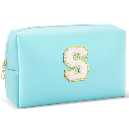 Picture of URSKYTOUS Gifts for Girls Initial Makeup Bag Personalized Cosmetic Bag with Zipper Cute Travel Toiletry Bag Waterproof PU Preppy Makeup Pouch Birthday Gift for Teen Girls Women(Blue S)