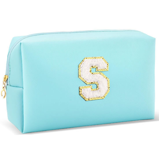 Picture of URSKYTOUS Gifts for Girls Initial Makeup Bag Personalized Cosmetic Bag with Zipper Cute Travel Toiletry Bag Waterproof PU Preppy Makeup Pouch Birthday Gift for Teen Girls Women(Blue S)