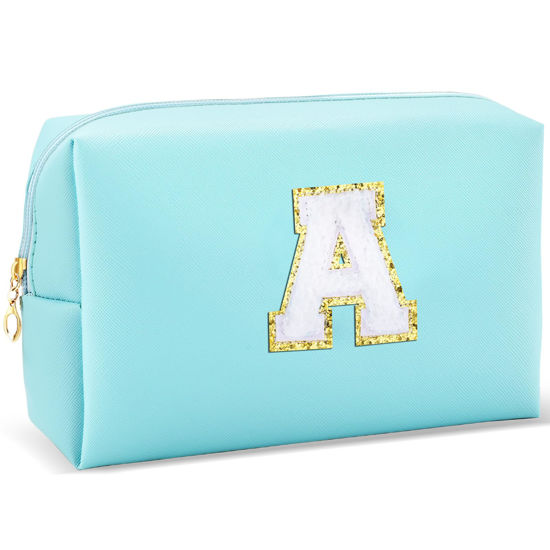 Picture of URSKYTOUS Gifts for Girls Initial Makeup Bag Personalized Cosmetic Bag with Zipper Cute Travel Toiletry Bag Waterproof PU Preppy Makeup Pouch Birthday Gift for Teen Girls Women(Blue A)