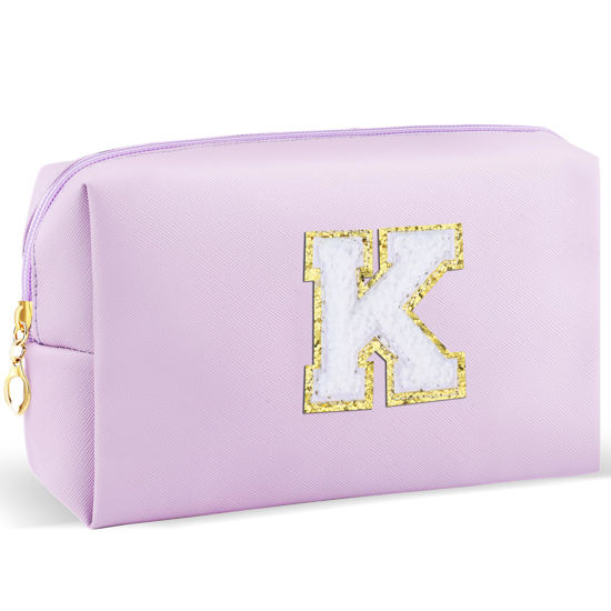 Picture of URSKYTOUS Gifts for Girls Initial Makeup Bag Personalized Cosmetic Bag with Zipper Cute Travel Toiletry Bag Waterproof PU Preppy Makeup Pouch Birthday Gift for Teen Girls Women(Purple K)