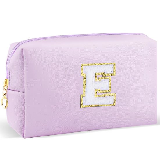 Picture of URSKYTOUS Gifts for Girls Initial Makeup Bag Personalized Cosmetic Bag with Zipper Cute Travel Toiletry Bag Waterproof PU Preppy Makeup Pouch Birthday Gift for Teen Girls Women(Purple E)