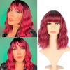 Picture of VCKOVCKO Ombre Color Natural Wavy Bob Wig With Air Bangs Short Bob Wigs Women's Shoulder Length Wigs Black to Pink Purple Curly Wavy Synthetic Cosplay for Girl Colorful Wigs(12",Black to WineRed)