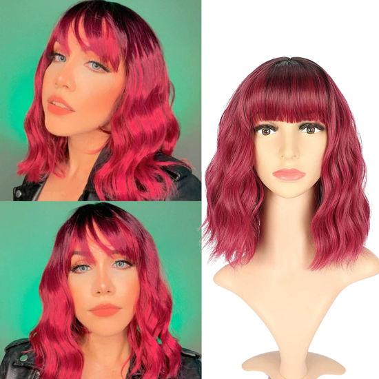 Picture of VCKOVCKO Ombre Color Natural Wavy Bob Wig With Air Bangs Short Bob Wigs Women's Shoulder Length Wigs Black to Pink Purple Curly Wavy Synthetic Cosplay for Girl Colorful Wigs(12",Black to WineRed)