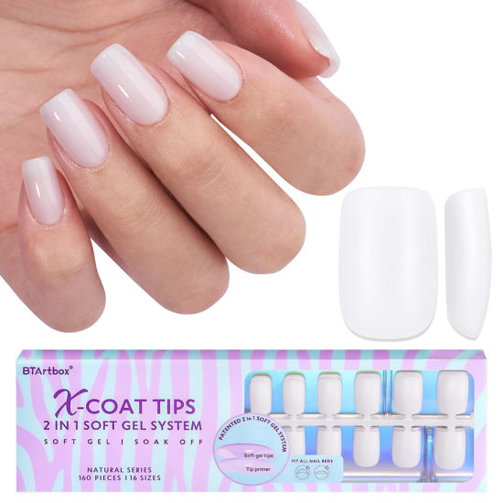 Picture of BTArtboxnails Square Gel Nail Tips Short - Pre Colored Milky White Soft Gel Nail Tips, Milky White Press on Nails, Natural XCOATTIPS Pre Applied Tip Primer