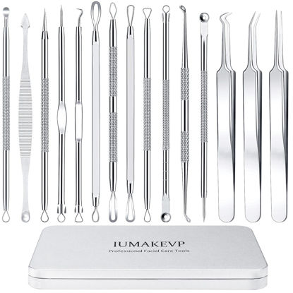 Picture of Pimple Popper Tool Kit, IUMAKEVP 15 PCS Professional Stainless Steel Blackhead Remover Comedone Extractor Tools for Removing Zit on Face - Acne Removal Kit with Metal Case (Silver)