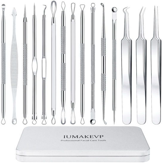 Picture of Pimple Popper Tool Kit, IUMAKEVP 15 PCS Professional Stainless Steel Blackhead Remover Comedone Extractor Tools for Removing Zit on Face - Acne Removal Kit with Metal Case (Silver)
